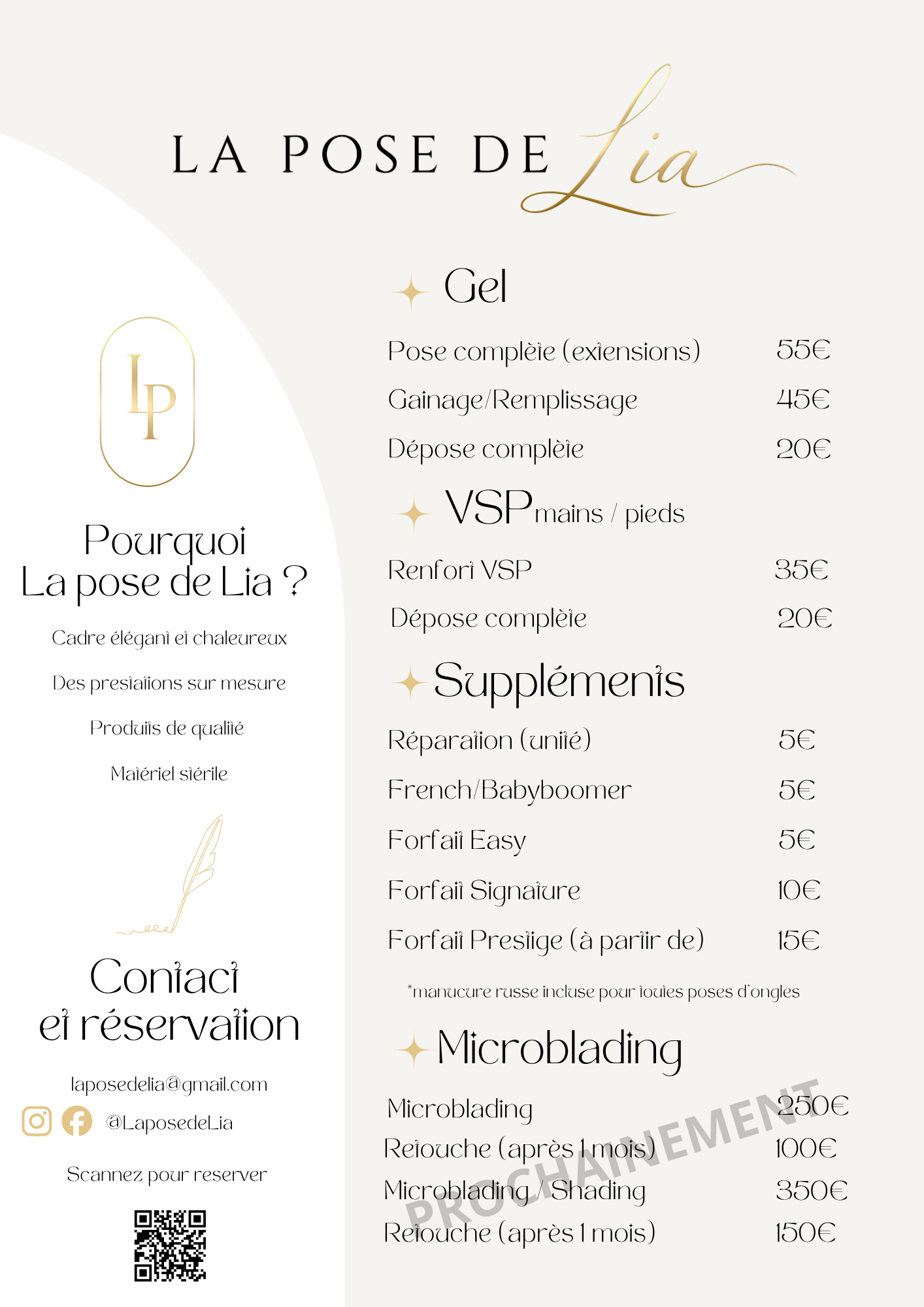Tarifs des prestations de La Pose de Lia